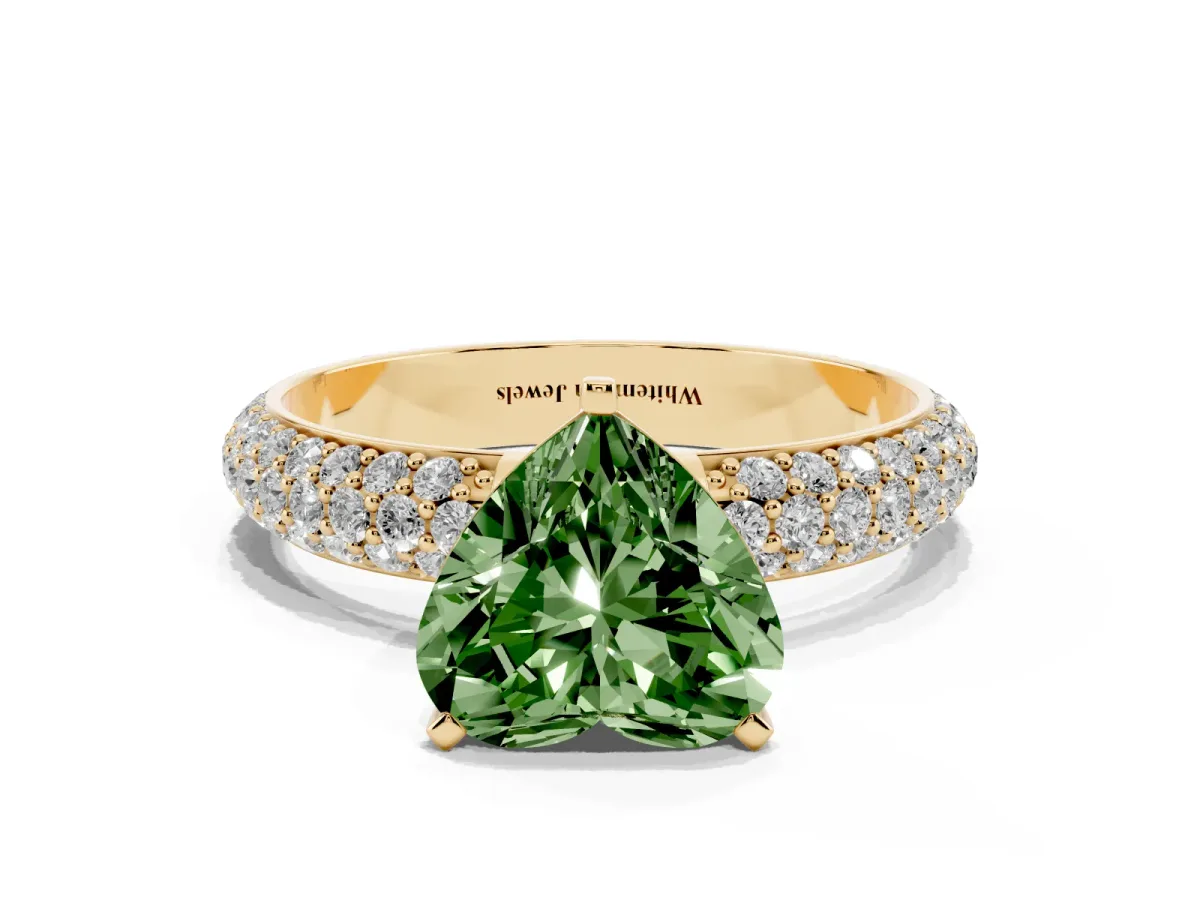 Fancy Green Heart Cut Diamond Solitaire Ring with Prong Setting and Pavé Band Yellow gold