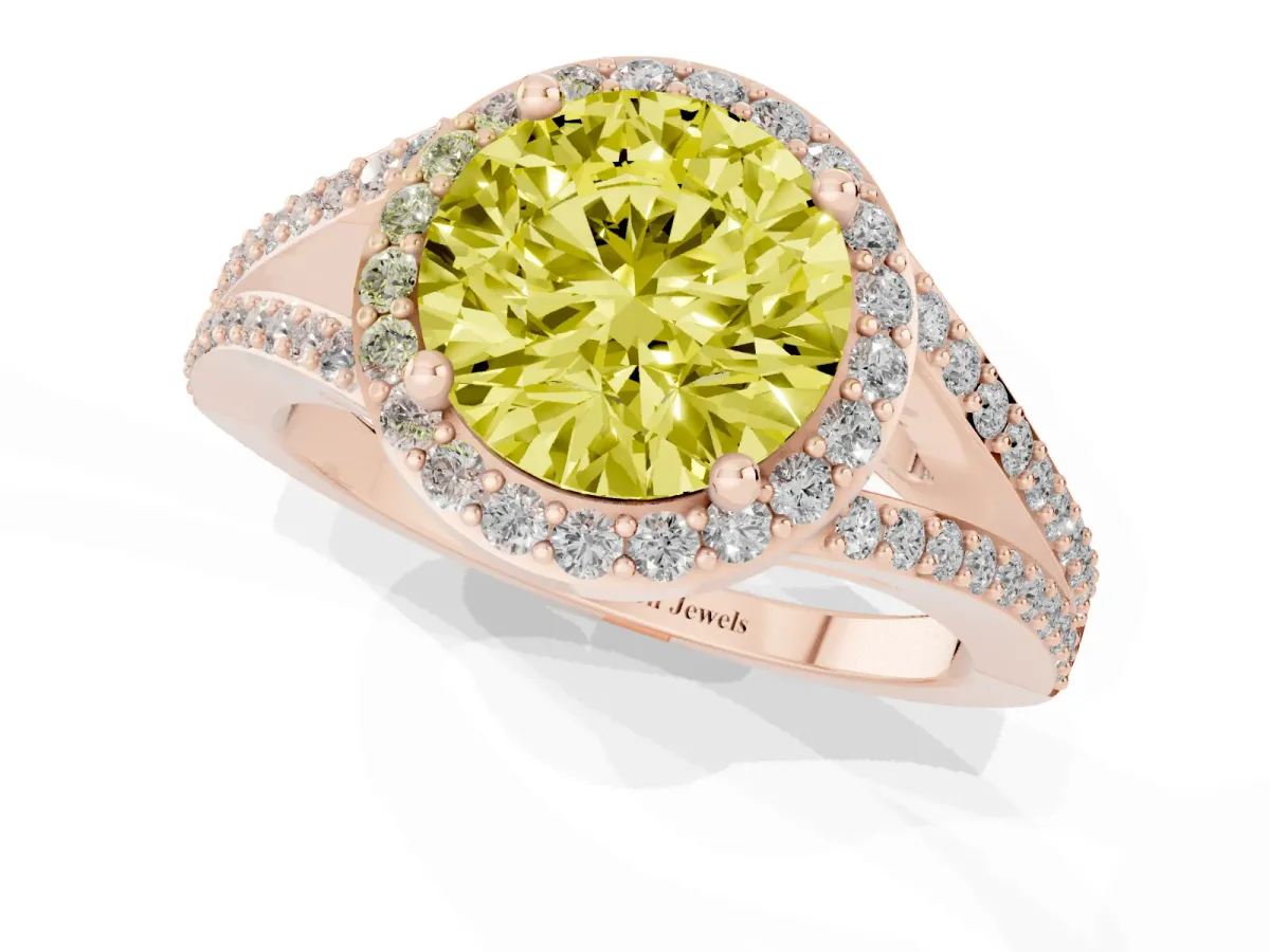 Fancy Yellow Round Cut Halo Split Shank Pave Diamond Ring with Four-Prong Setting Rose gold