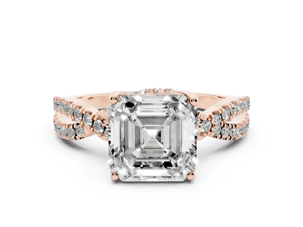 Asscher Cut Solitaire Twist Pave Diamond Engagement Ring with Prong Setting Rose gold