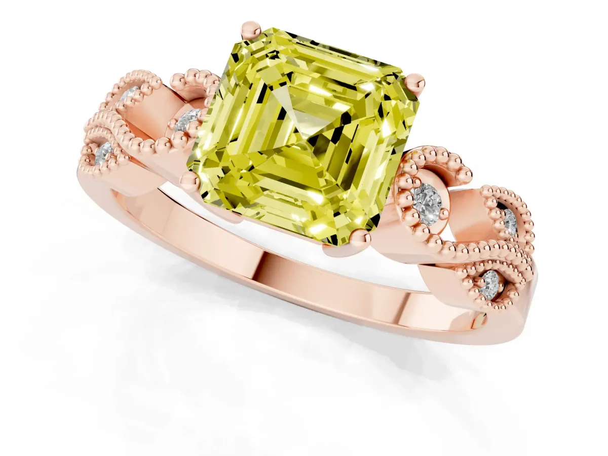 Fancy Yellow Asscher Cut Solitaire Milgrain Leaf Band with Prong Setting Rose gold