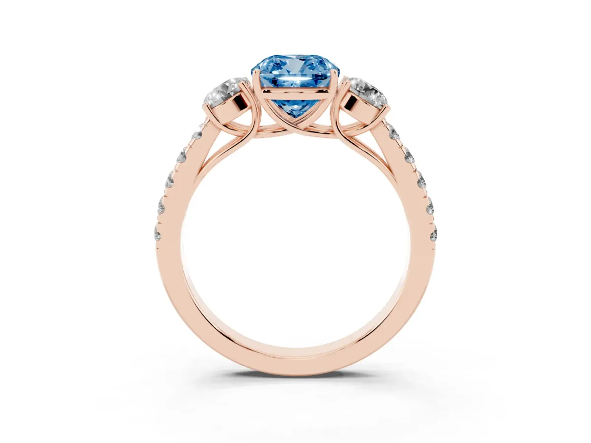 Fancy Blue Cushion Cut Cut Diamond Three-Stone Ring with Round Side Stones and Pavé Band Rose gold