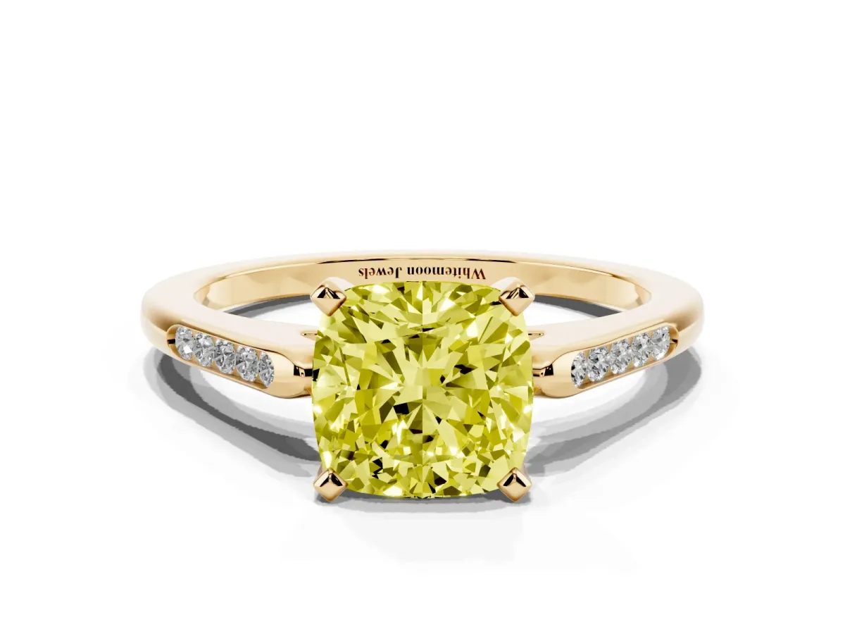 Fancy Yellow Cushion Cut Diamond Solitaire Ring with Channel Set Round Band and Prong Setting Yellow gold