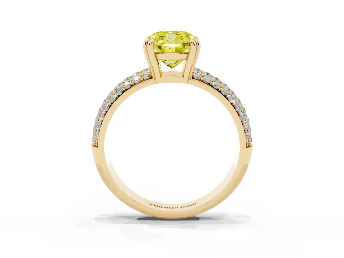 Fancy Yellow Cushion Cut Diamond Solitaire Ring with Multi-Row Round Pavé Band and Prong Setting Yellow gold