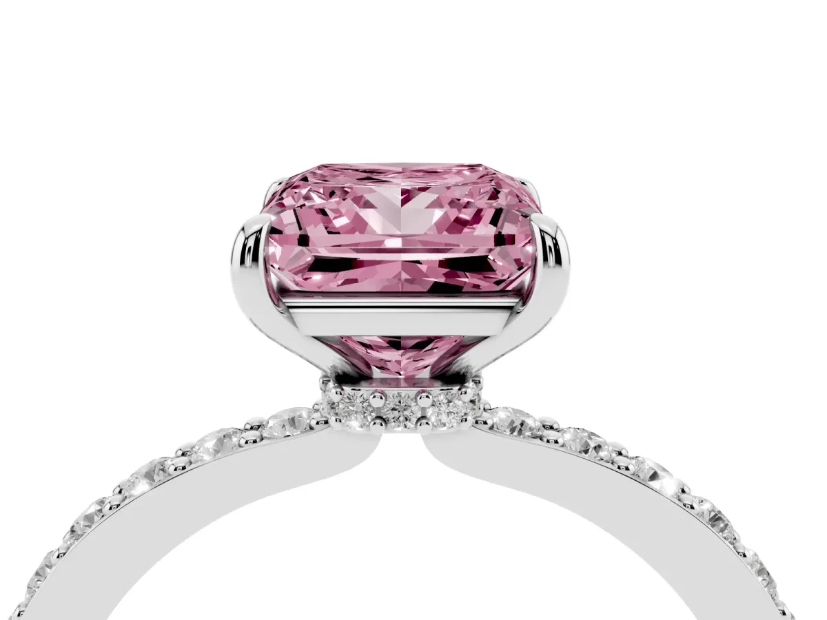 Fancy Pink Princess Cut Diamond Pavé Engagement Ring with Round Accents and Prong Setting Platinum