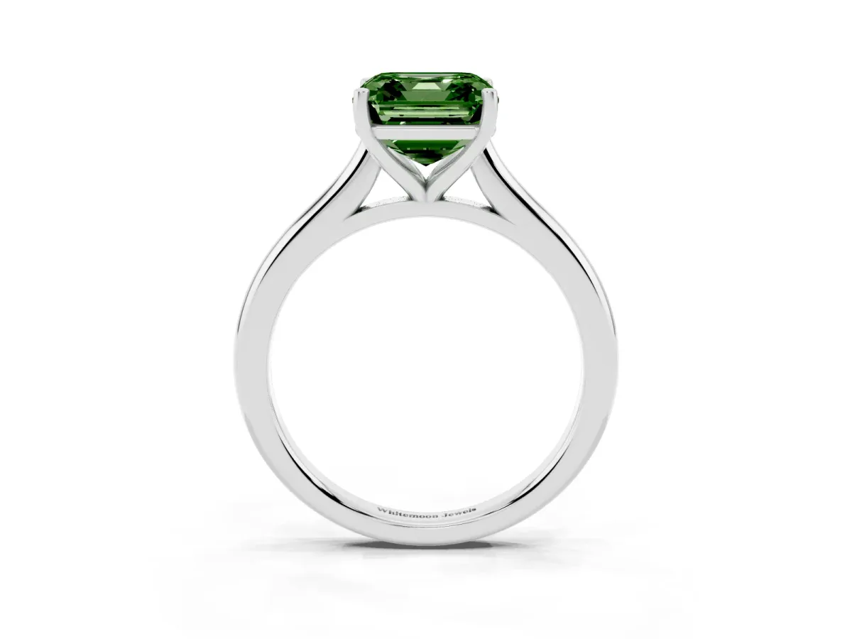 Fancy Green Asscher Cut Cut Solitaire Ring with Cathedral Band and Four-Prong Setting Platinum