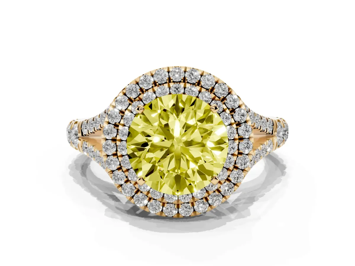 Fancy Yellow Round Cut Cut Double Halo Split Shank Diamond Ring with Prong Setting Yellow gold