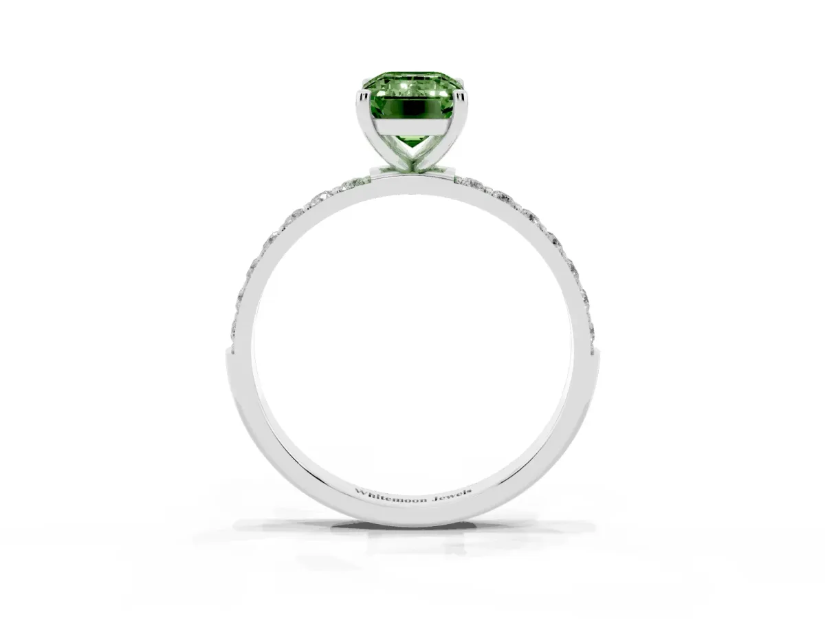 Fancy Green Emerald Cut Diamond Solitaire Ring with Round Pavé Shoulders and Prong Setting Silver