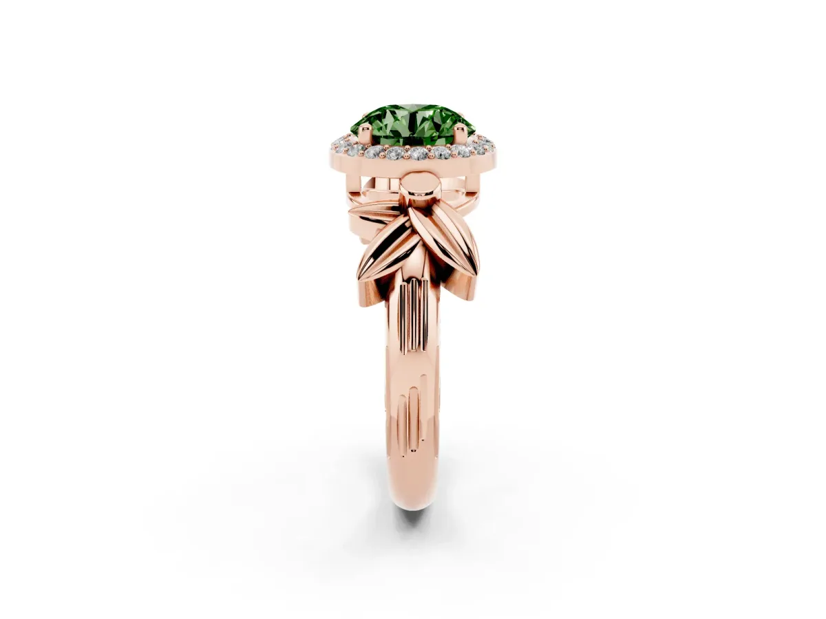 Fancy Green Round Cut Halo Diamond Floral Band with Four-Prong Setting Rose gold