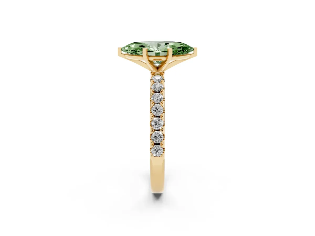 Fancy Green Marquise Cut Diamond Solitaire Pavé Band with Four-Prong Setting Yellow gold