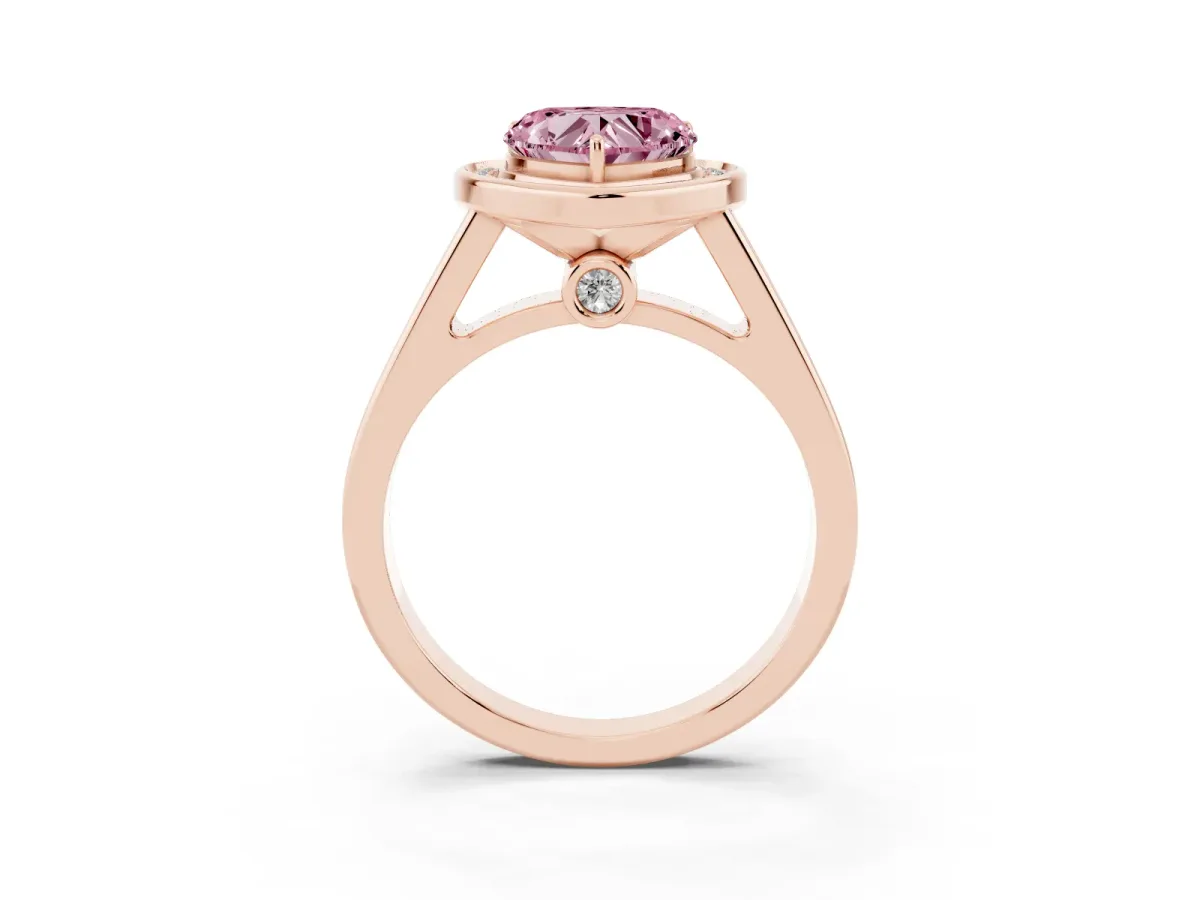 Fancy Pink Heart Cut Halo Solitaire Diamond Ring with Pave Band and Bezel Setting Rose gold