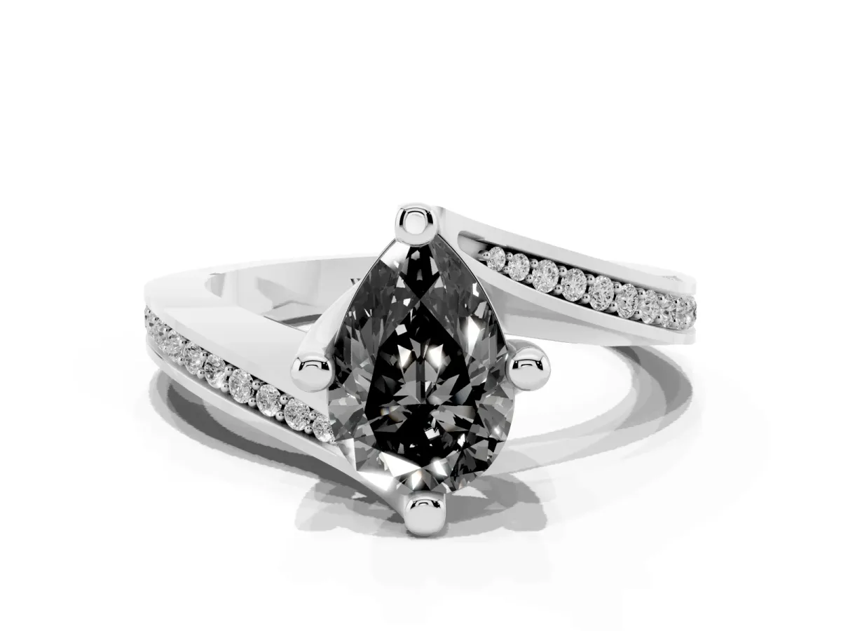Fancy Black Pear Cut Solitaire Diamond Twist Band with Pavé Setting and Four-Prong Setting Silver