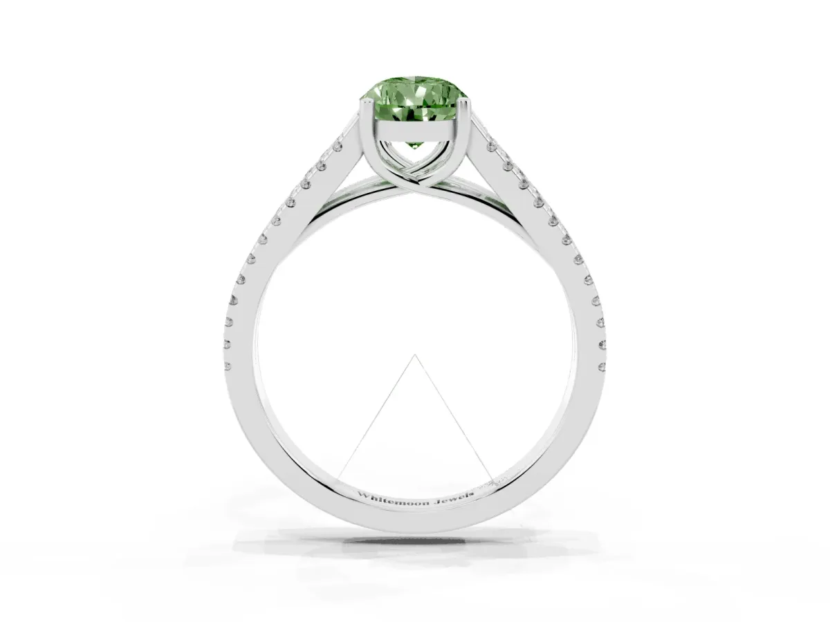 Fancy Green Pear Cut Diamond Solitaire Engagement Ring with Split Shank Pavé Band Platinum
