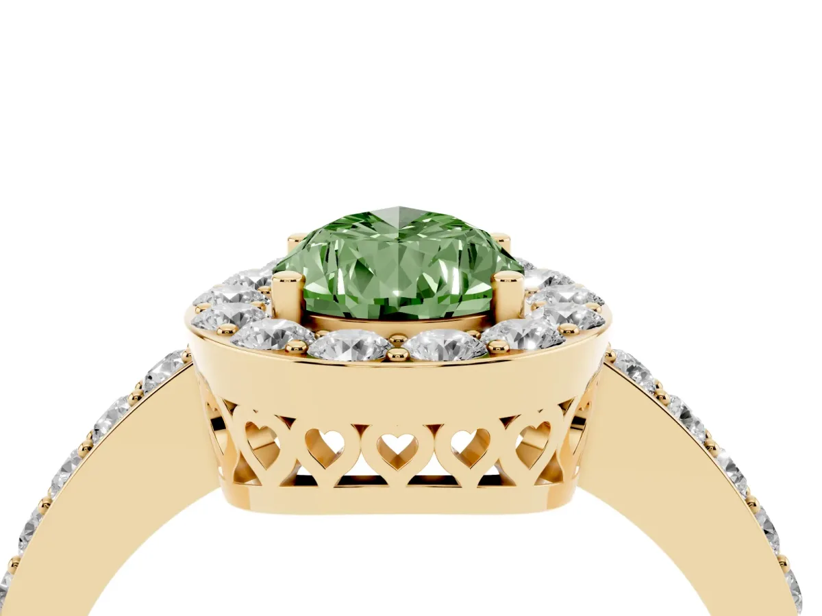 Fancy Green Pear Cut Halo Diamond Pavé Band Ring with Prong Setting Yellow gold
