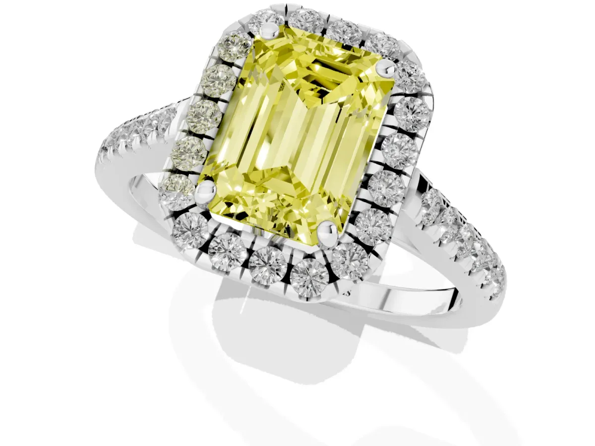 Fancy Yellow Emerald Cut Halo Pavé Diamond Engagement Ring with Four-Prong Setting Silver