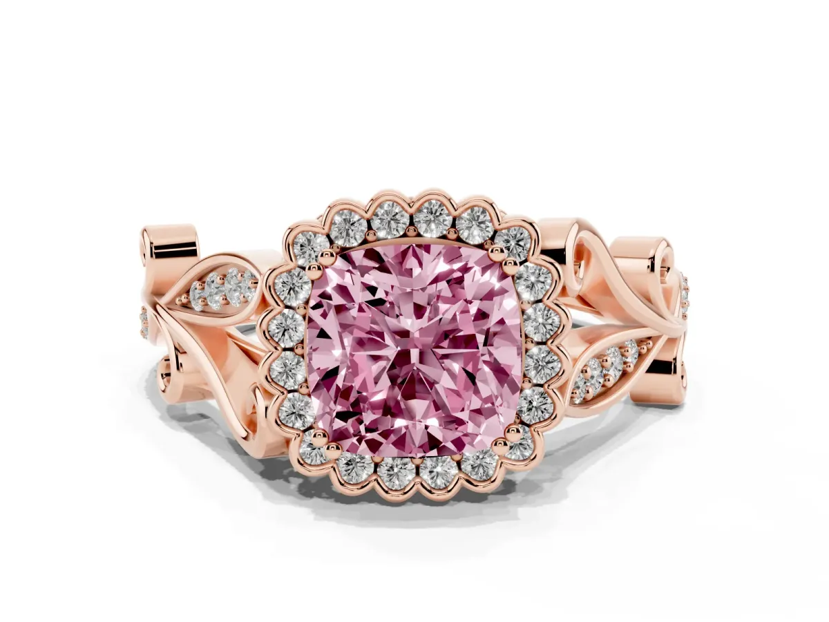 Fancy Pink Cushion Cut Diamond Halo Ring with Vintage Split Shank and Four-Prong Setting Rose gold