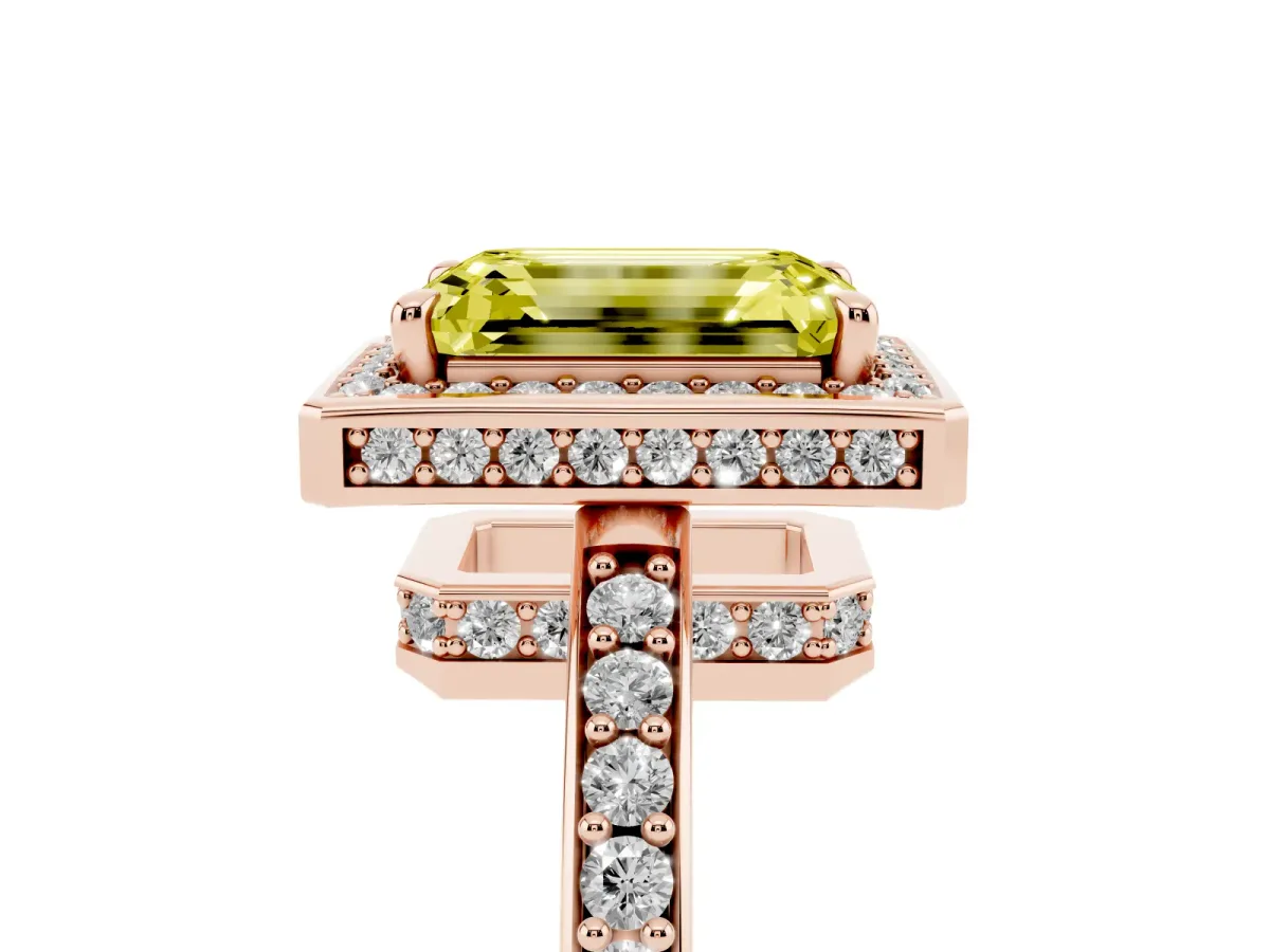 Fancy Yellow Emerald Cut Halo Pave Band Solitaire Ring with Prong Setting Rose gold