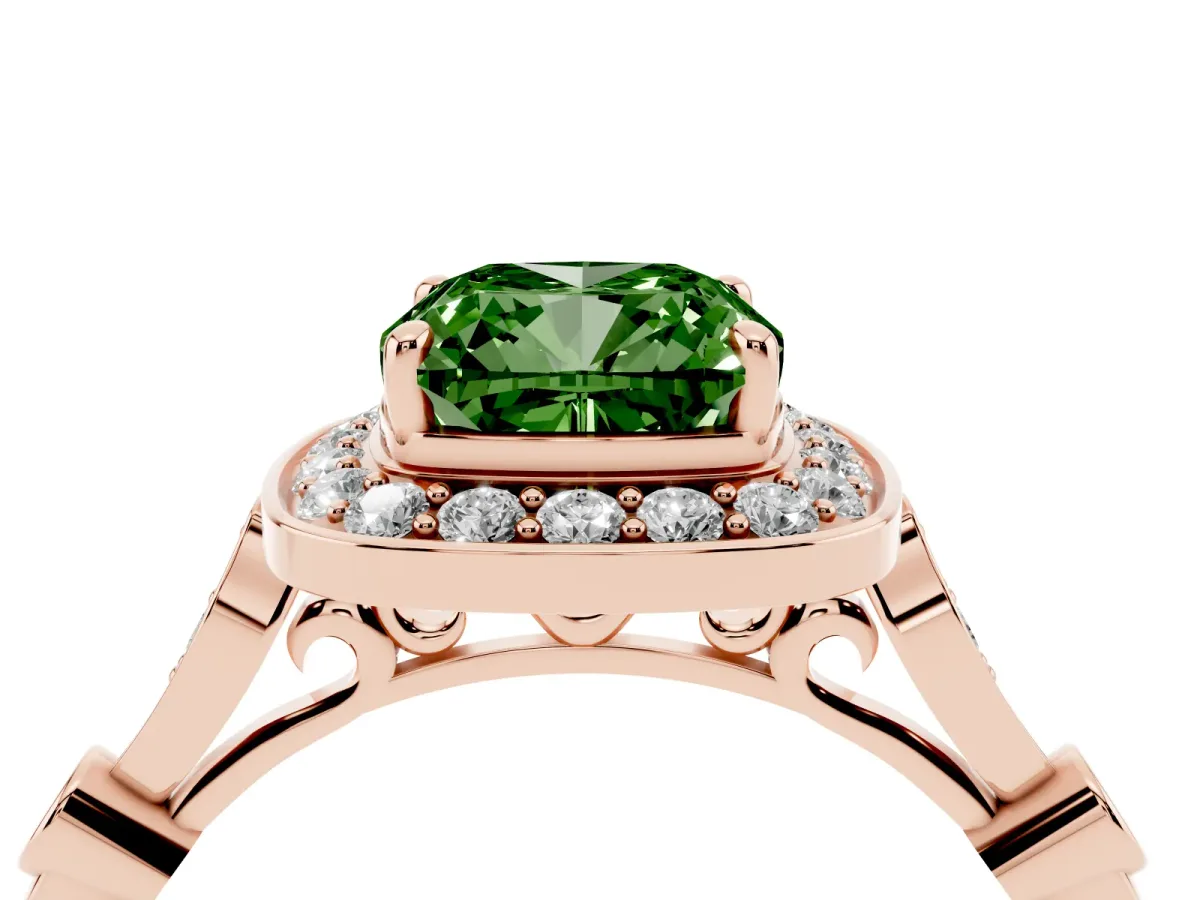 Fancy Green Cushion Cut Halo Diamond Engagement Ring with Twisted Band and Four-Prong Setting Rose gold
