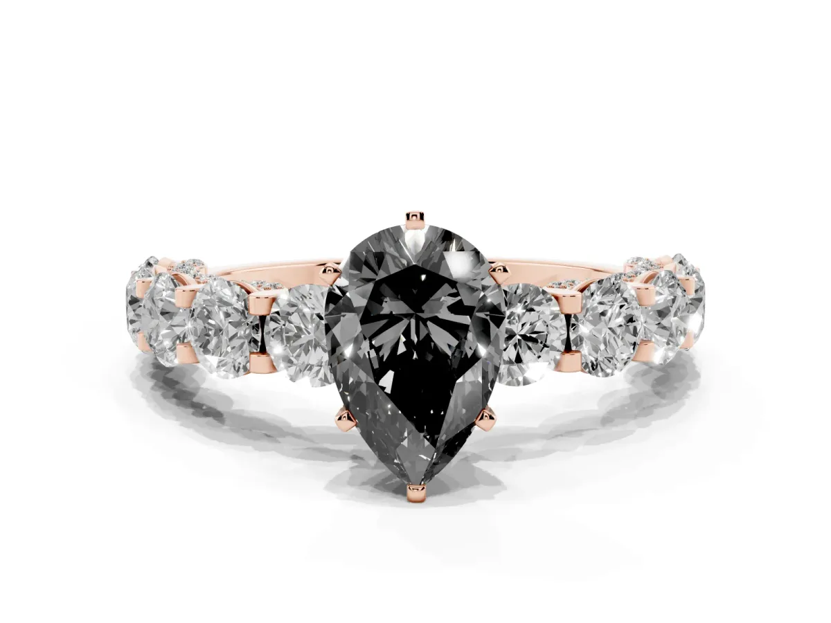 Fancy Black Pear Cut Diamond Side Stone Engagement Ring with Four-Prong Setting Rose gold