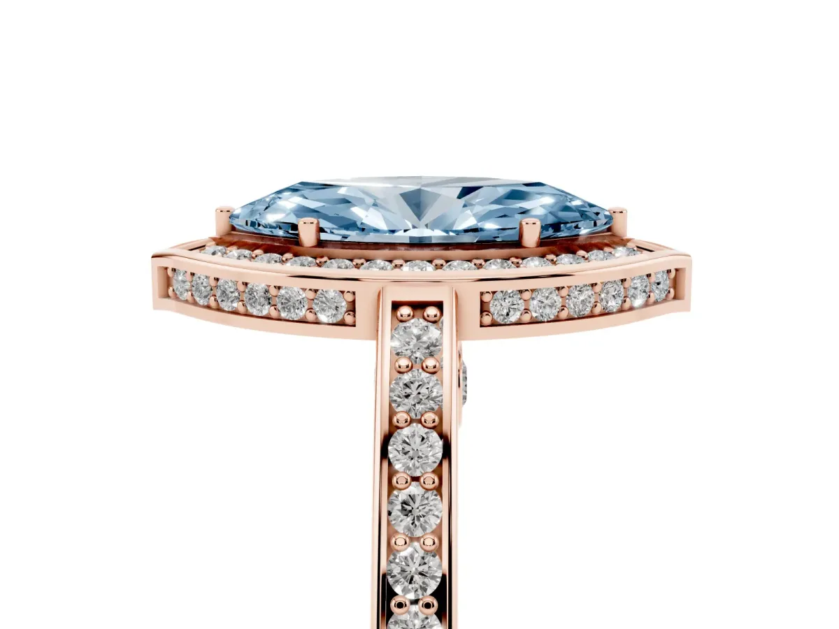 Fancy Blue Marquise Cut Cut Halo Pave Split Shank Prong Setting Ring Rose gold