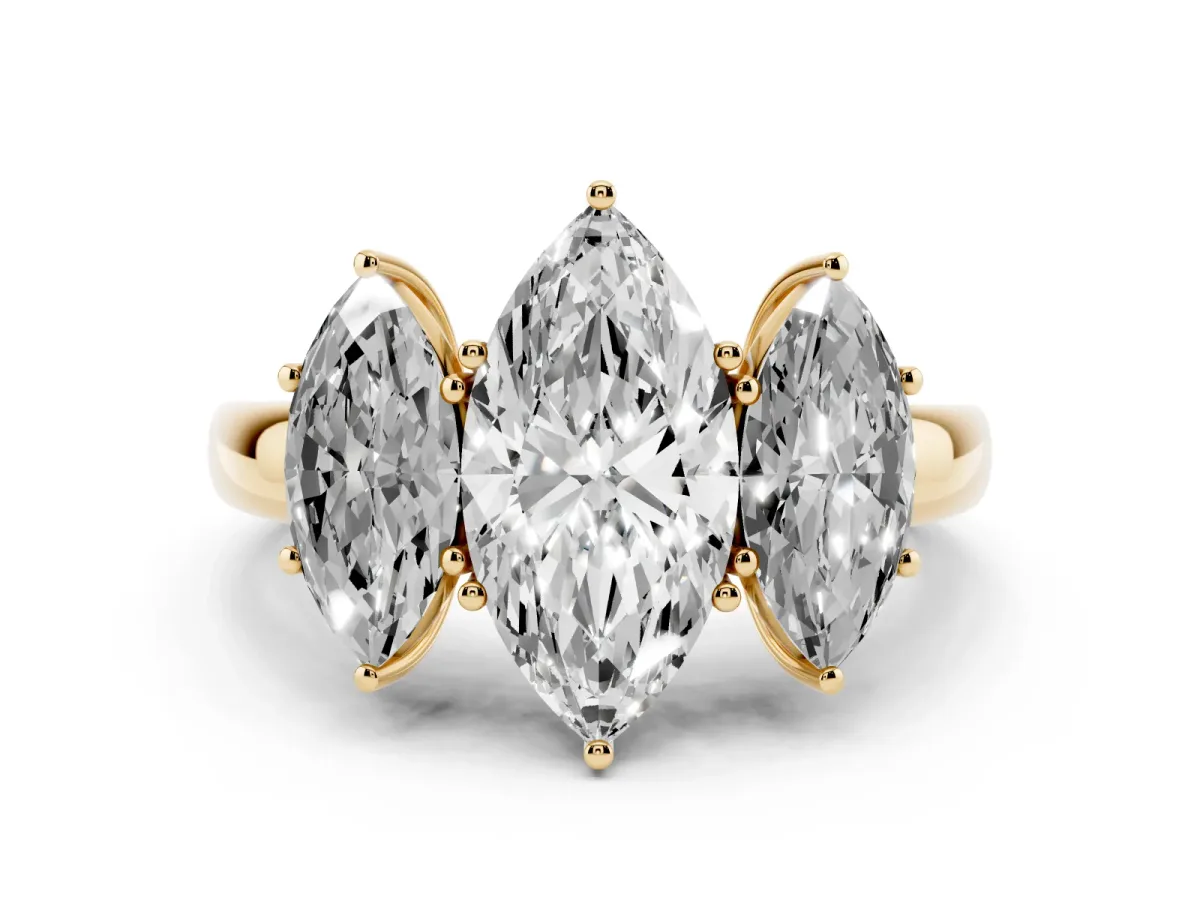 Marquise Cut Diamond Three-Stone Ring with Four-Prong Setting and Classic Band Yellow gold