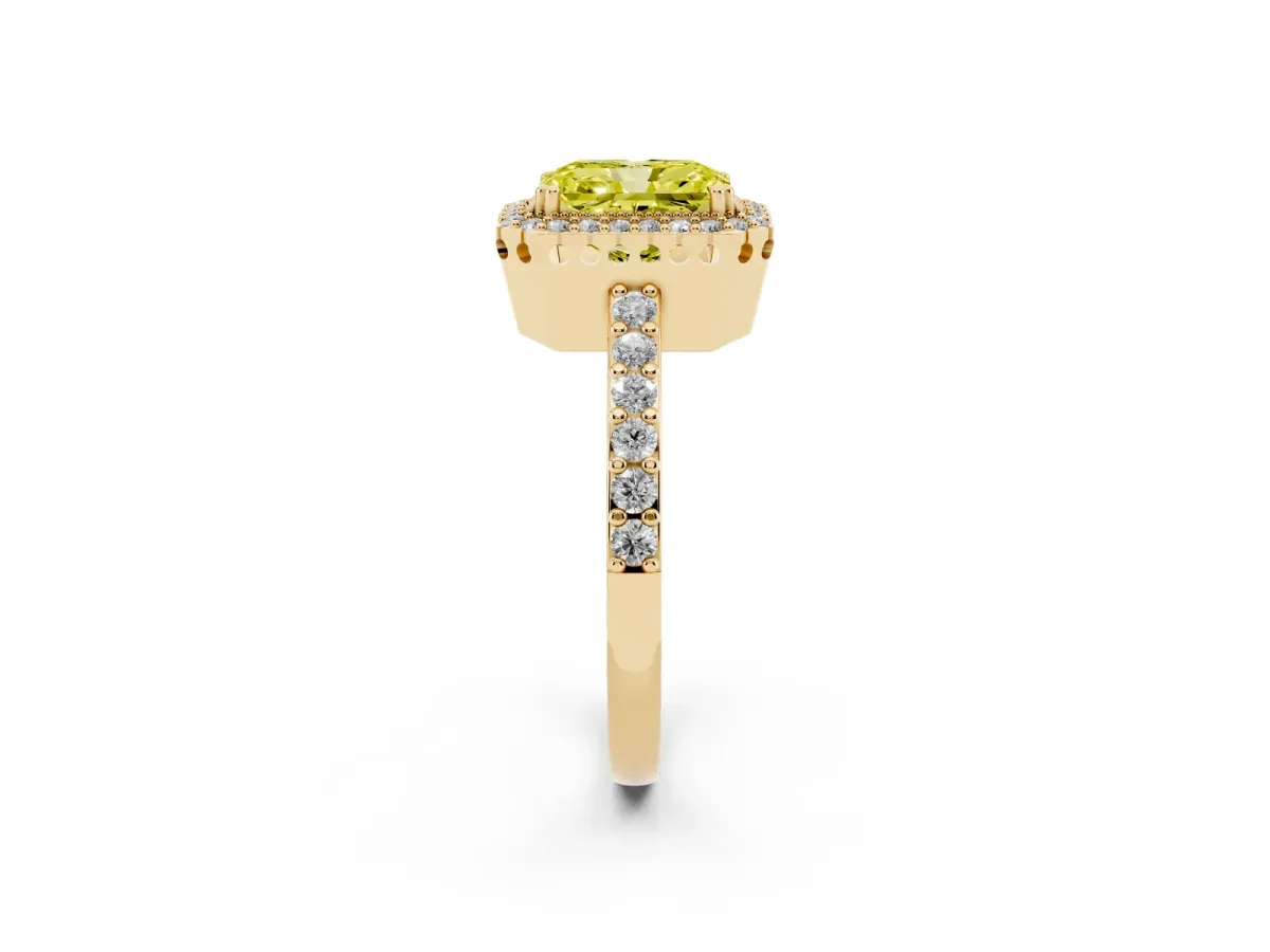 Fancy Yellow Radiant Cut Cut Diamond Halo Engagement Ring with Milgrain Detail and Pavé Band Yellow gold