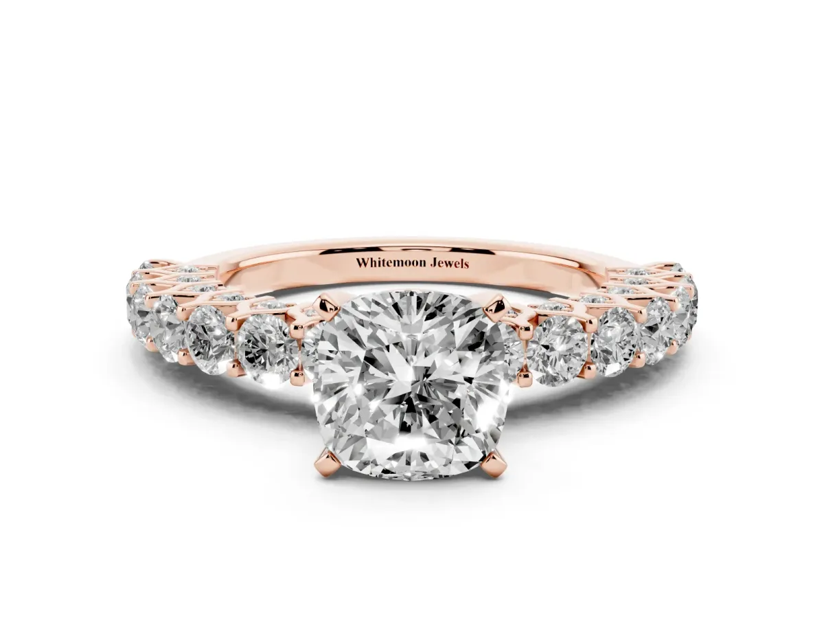 Cushion Cut Diamond Solitaire Ring with Shared Prong Pavé Band and Four-Prong Setting Rose gold