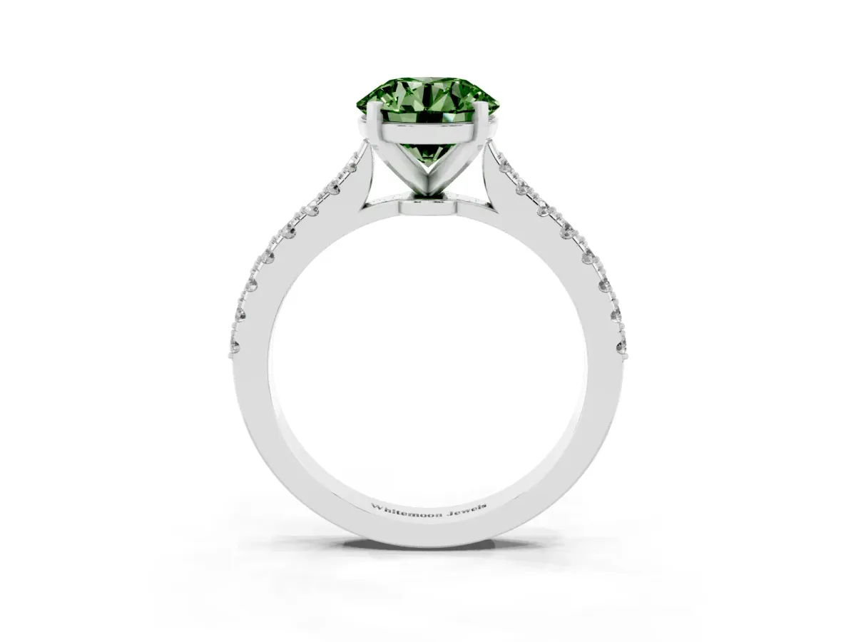 Fancy Green Round Cut Cut Solitaire Diamond Engagement Ring with Pave Band and Four-Prong Setting Silver