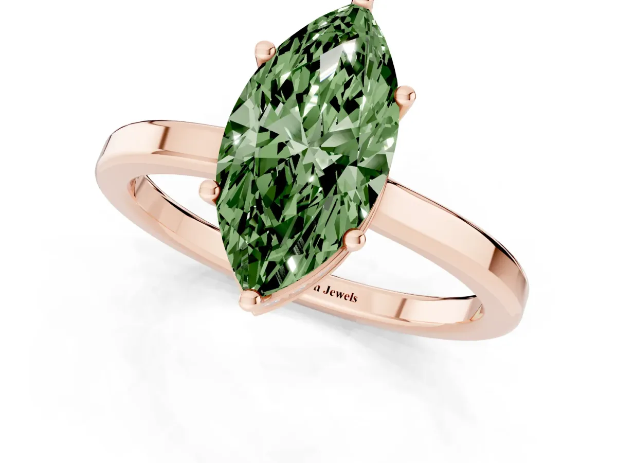 Fancy Green Marquise Cut Cut Solitaire Engagement Ring with Four-Prong Setting on a Classic Band Rose gold