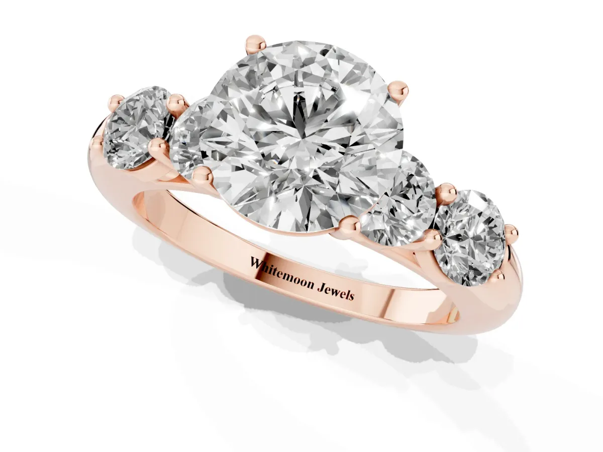 Round Cut Cut Five-Stone Prong Set Diamond Ring with Classic Band Rose gold
