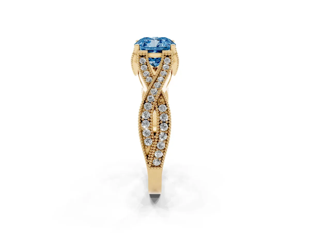 Fancy Blue Cushion Cut Cut Diamond Twisted Band with Milgrain Pave Setting and Four-Prong Setting Yellow gold