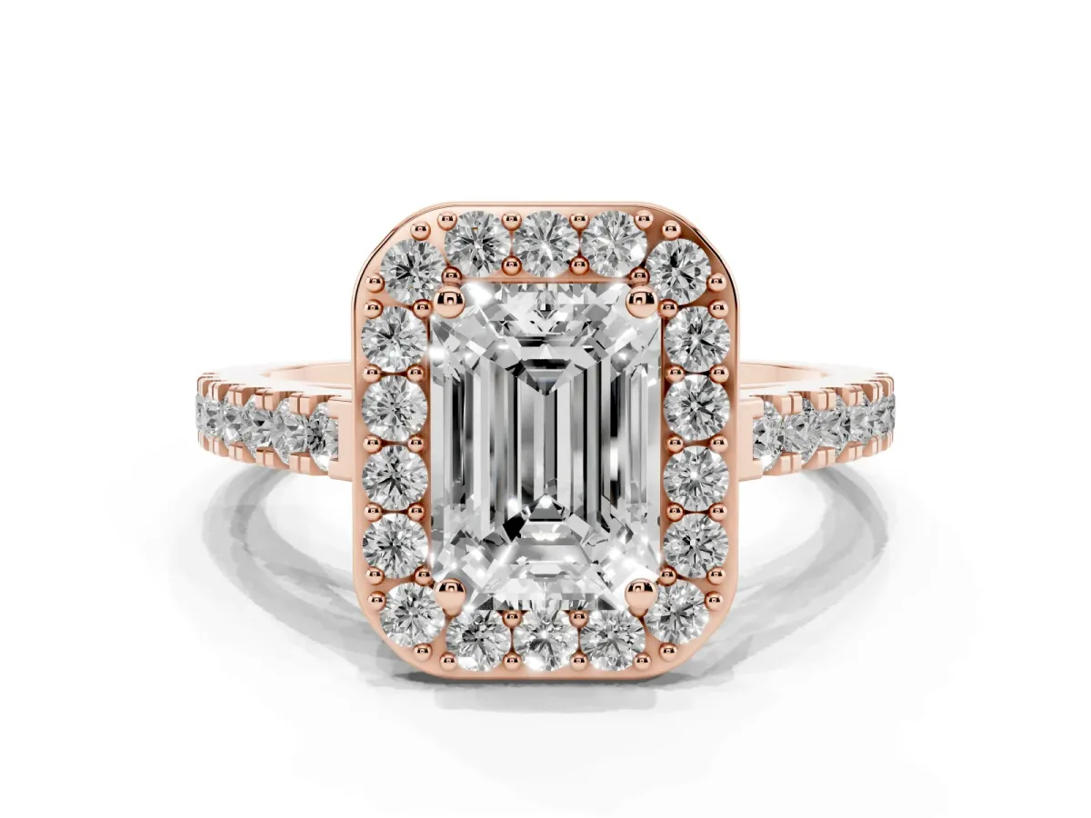Emerald Cut Diamond Halo Ring with Round Pavé Split Shank and Prong Setting Rose gold