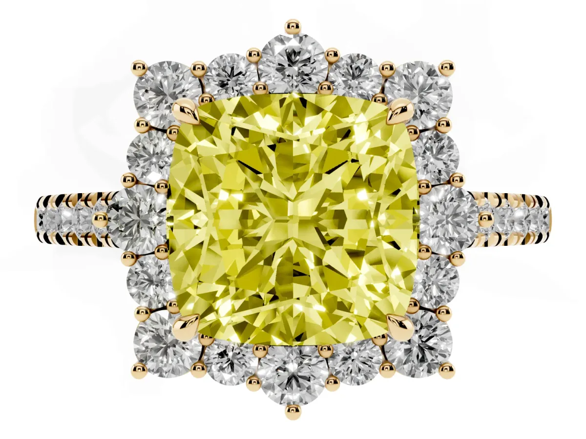 Fancy Yellow Cushion Cut Halo Diamond Ring with Pavé Band and Prong Setting Yellow gold