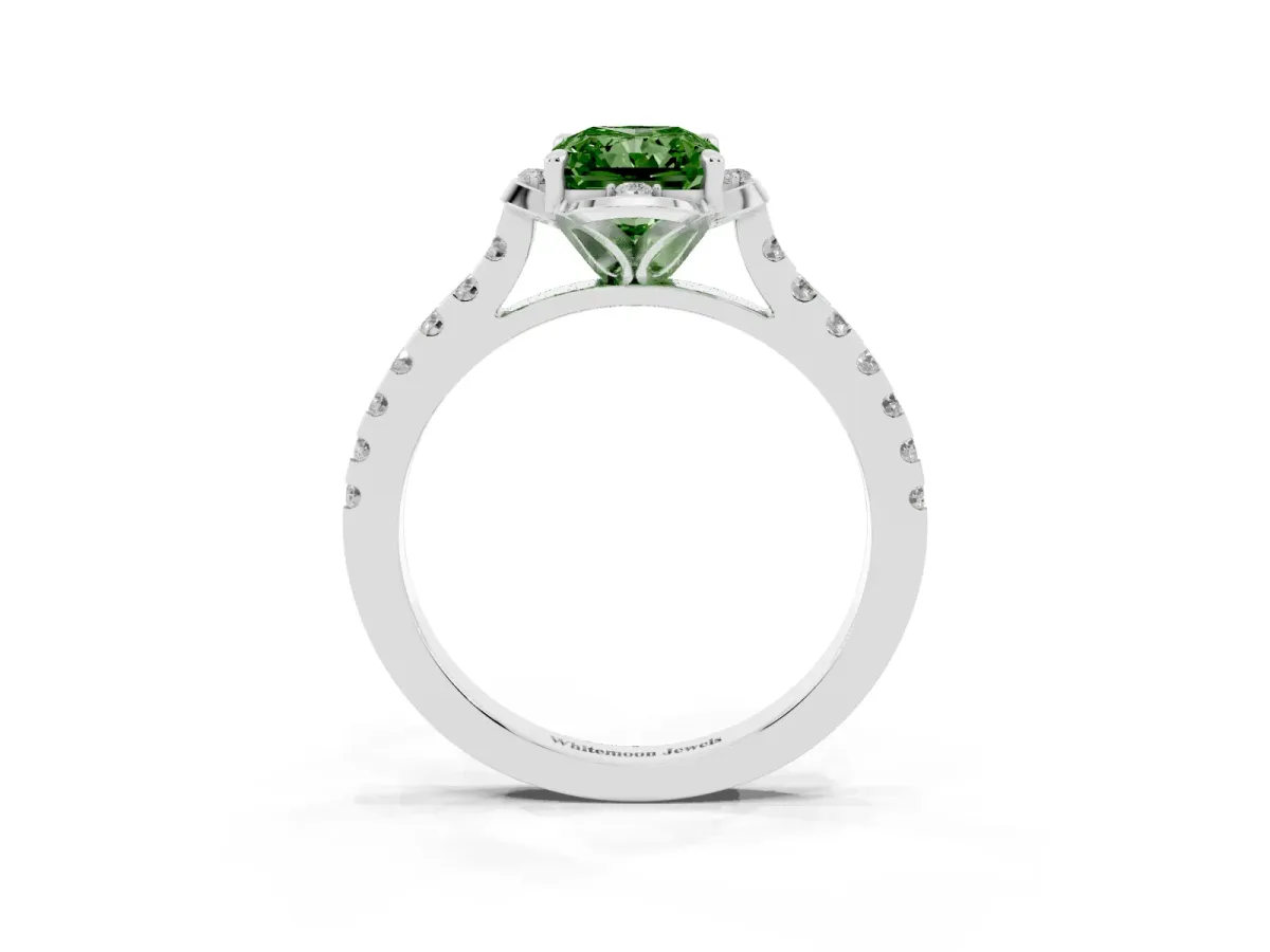 Fancy Green Radiant Cut Diamond Ring with Pavé Band and Floral Prong Setting Platinum
