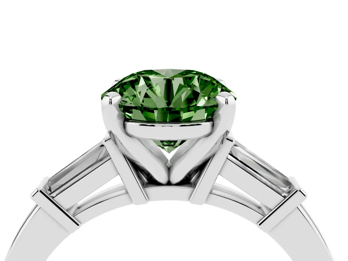 Fancy Green Round Cut Cut Diamond Solitaire Ring with Tapered Baguette Accents and Four-Prong Setting Silver