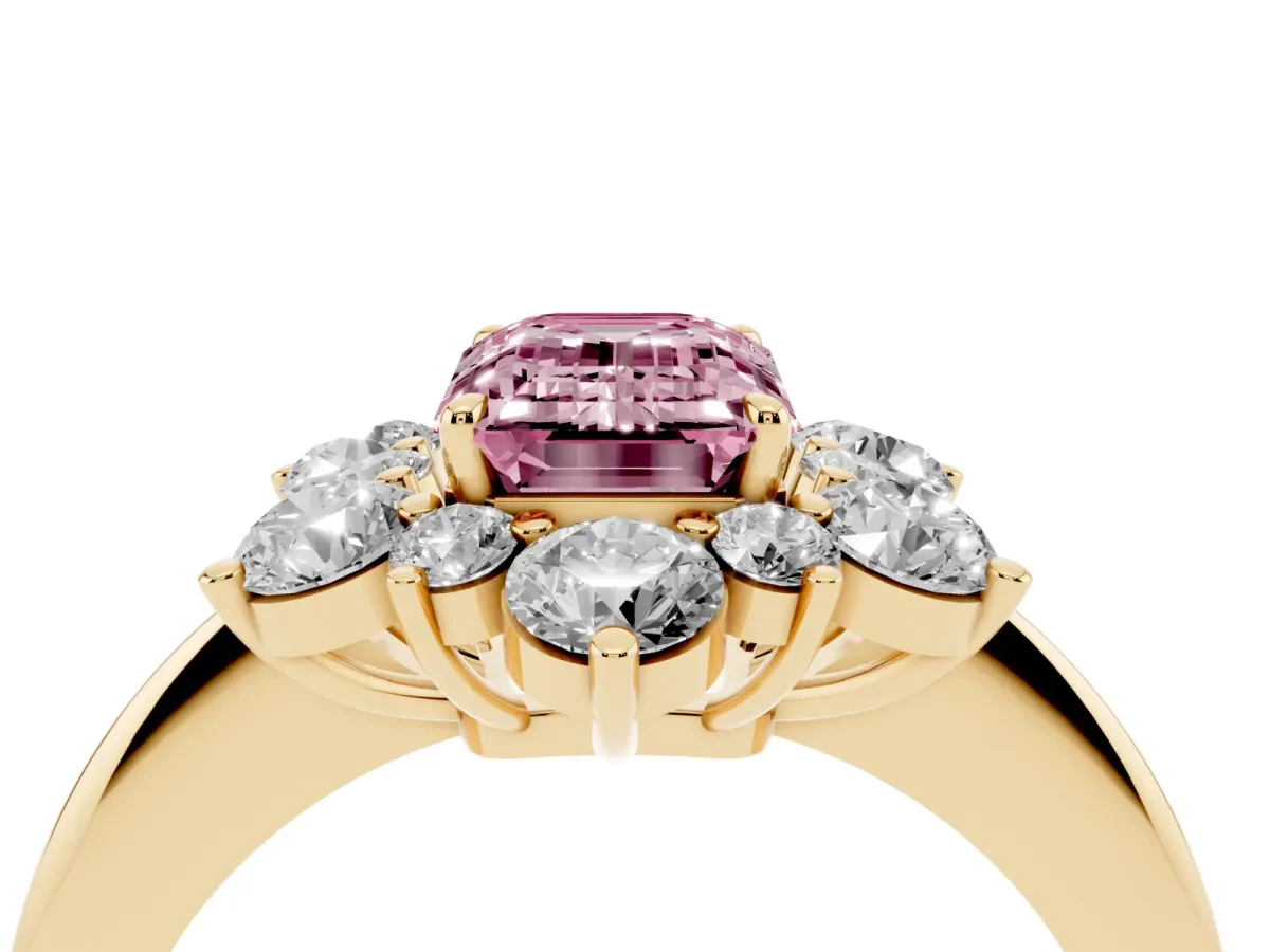 Fancy Pink Emerald Cut Diamond Cluster Halo Ring with Solitaire Band and Four-Prong Setting Yellow gold