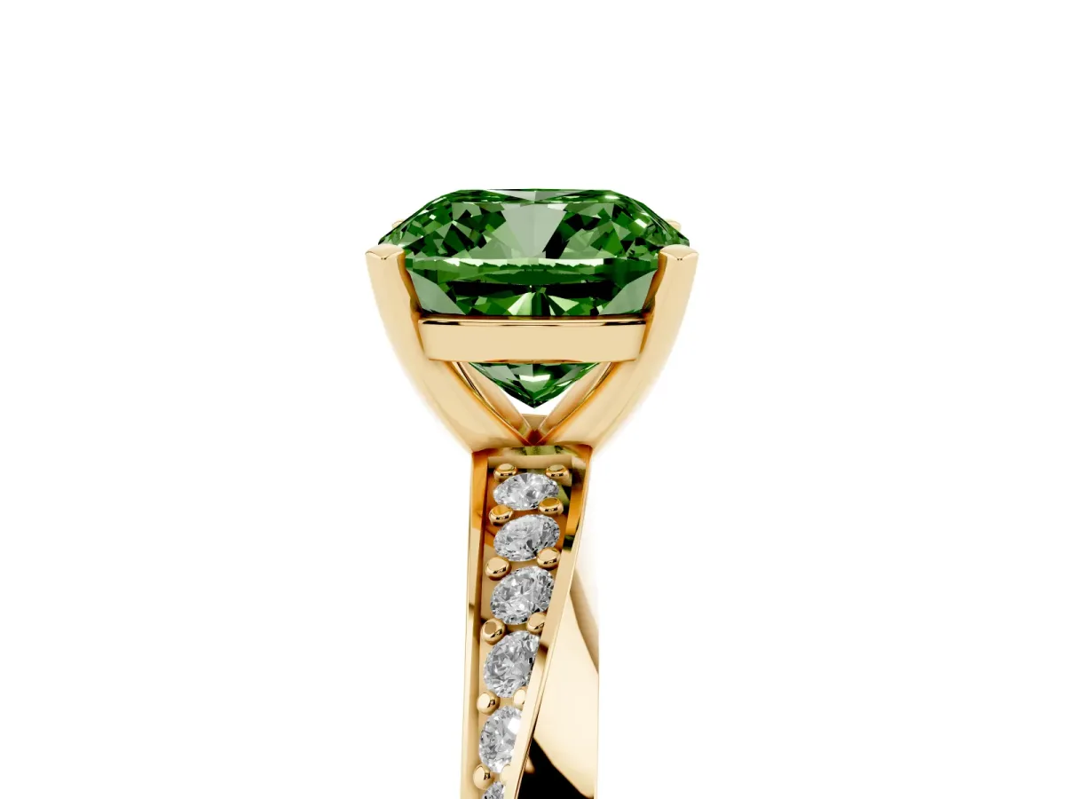 Fancy Green Cushion Cut Diamond Engagement Ring with Side Stone Accents and Four-Prong Setting Yellow gold