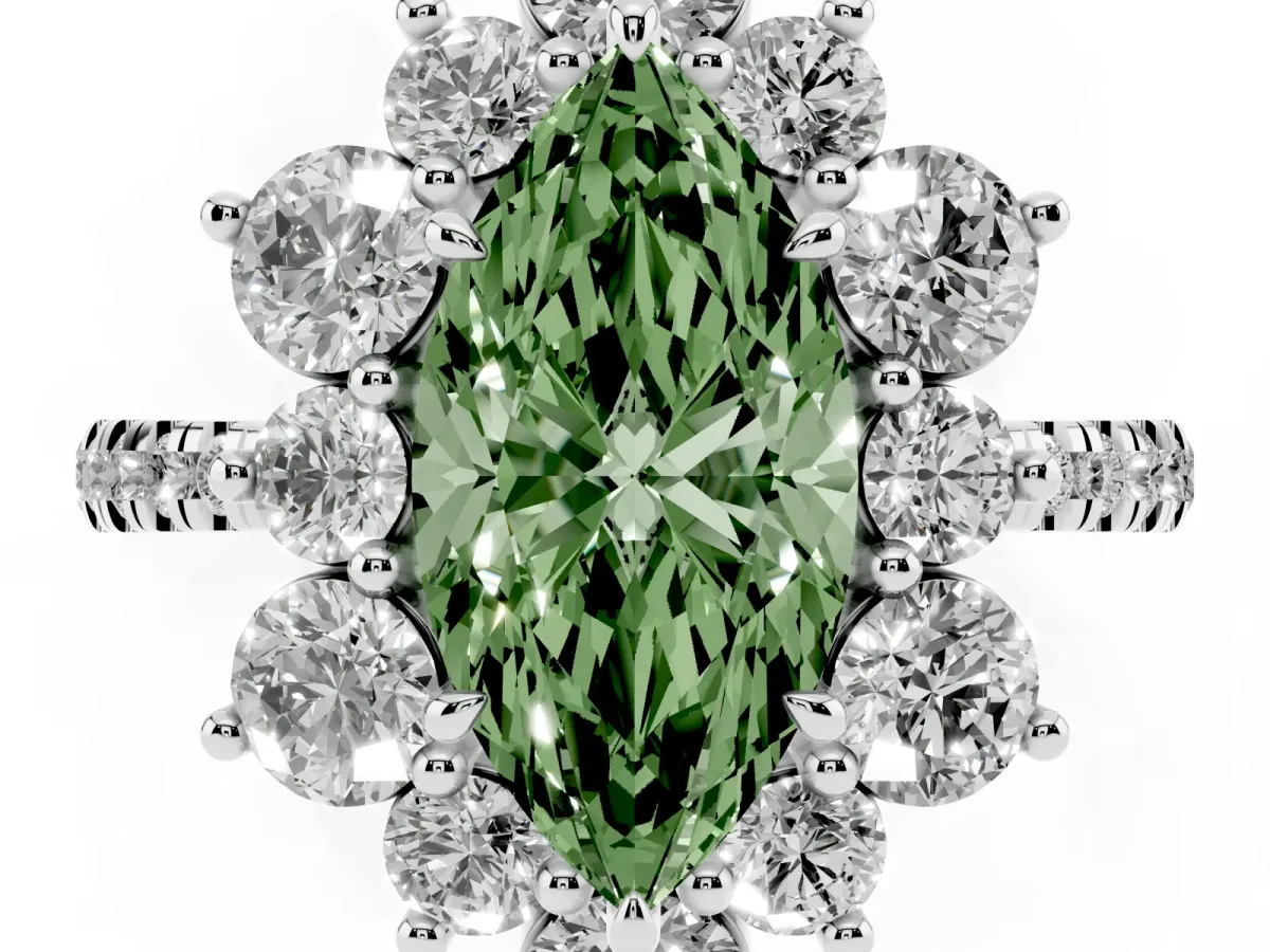 Fancy Green Marquise Cut Diamond Floral Halo Ring with Round Pavé Band and Prong Setting Silver