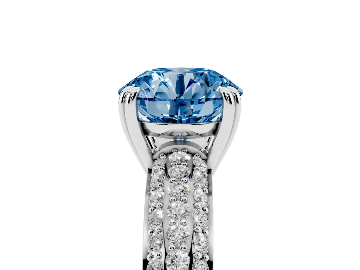 Fancy Blue Round Cut Diamond Solitaire Ring with Multi-Row Round Pavé Band and Prong Setting Silver