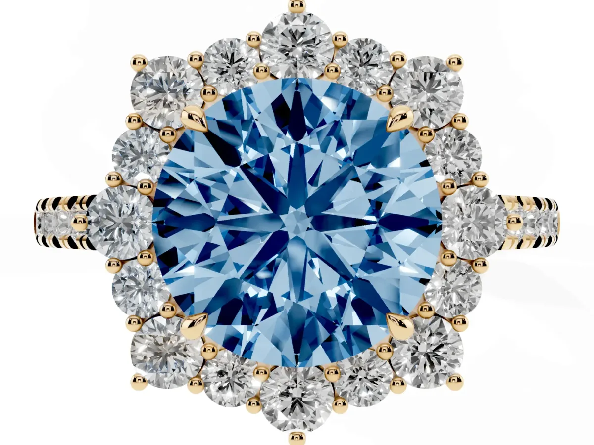 Fancy Blue Round Cut Halo Diamond Ring with Pavé Band and Prong Setting Yellow gold