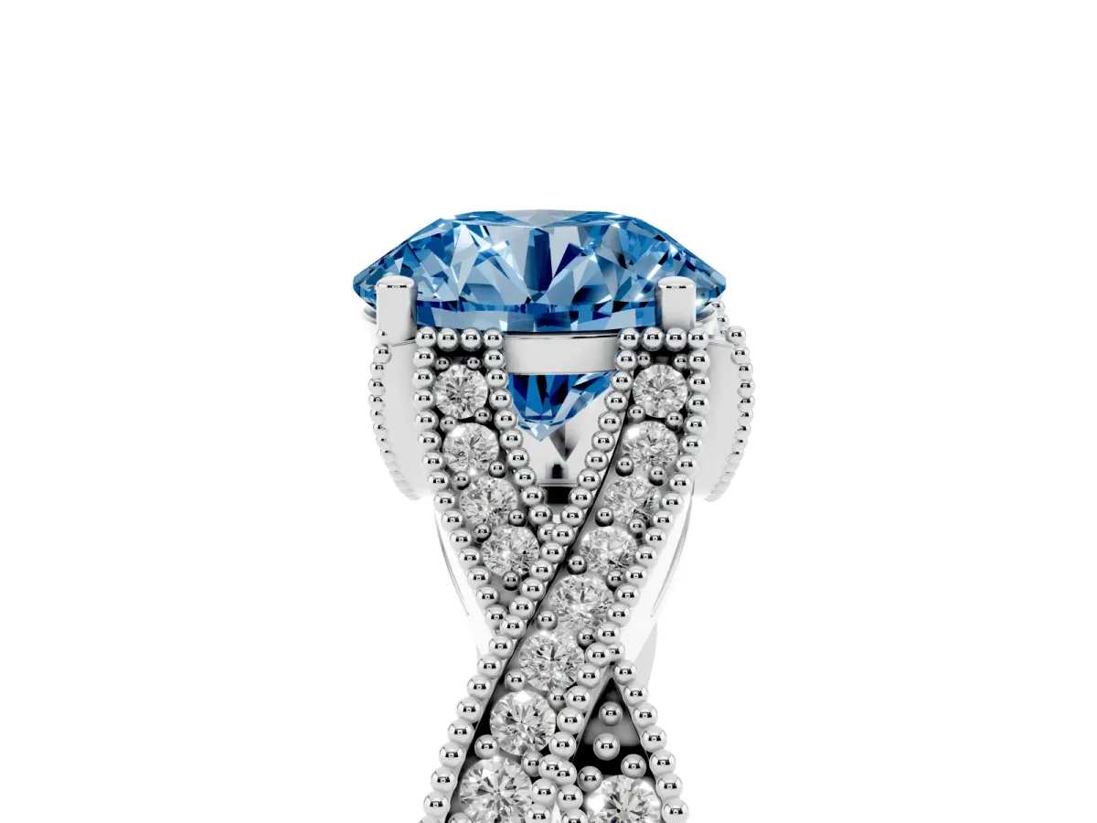 Fancy Blue Round Cut Cut Diamond Twisted Band with Milgrain Pave Setting and Four-Prong Setting Silver