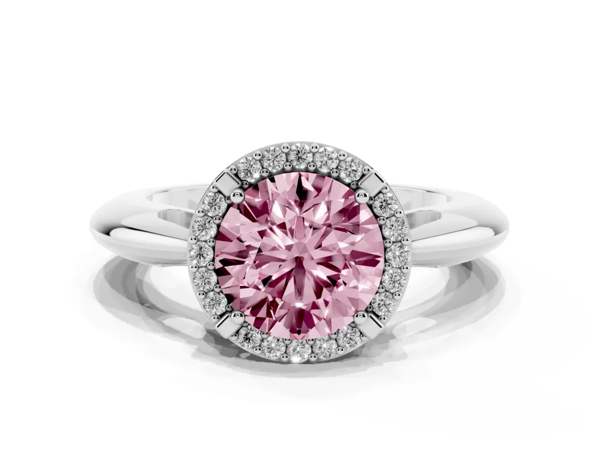 Fancy Pink Round Cut Cut Diamond Halo Engagement Ring with Split Shank and Four-Prong Setting Silver