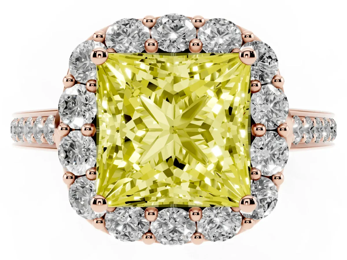Fancy Yellow Princess Cut Diamond Floral Halo Ring with Pavé Band and Prong Setting Rose gold