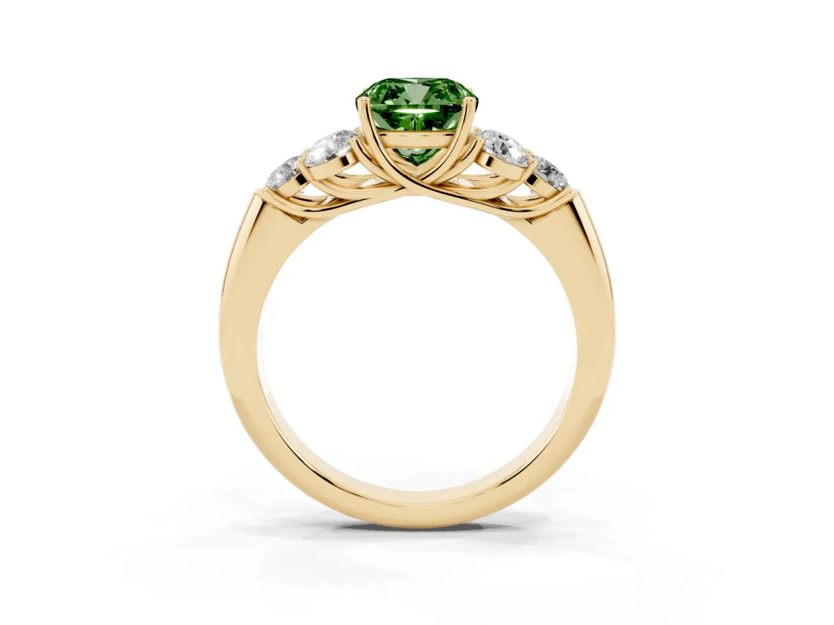 Fancy Green Cushion Cut Cut Diamond Cluster Ring with Round Accent Stones and Prong Setting on a Classic Band Yellow gold