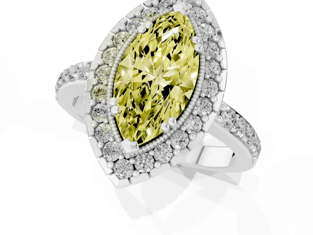 Fancy Yellow Marquise Cut Diamond Halo Ring with Pavé Band and Prong Setting White gold