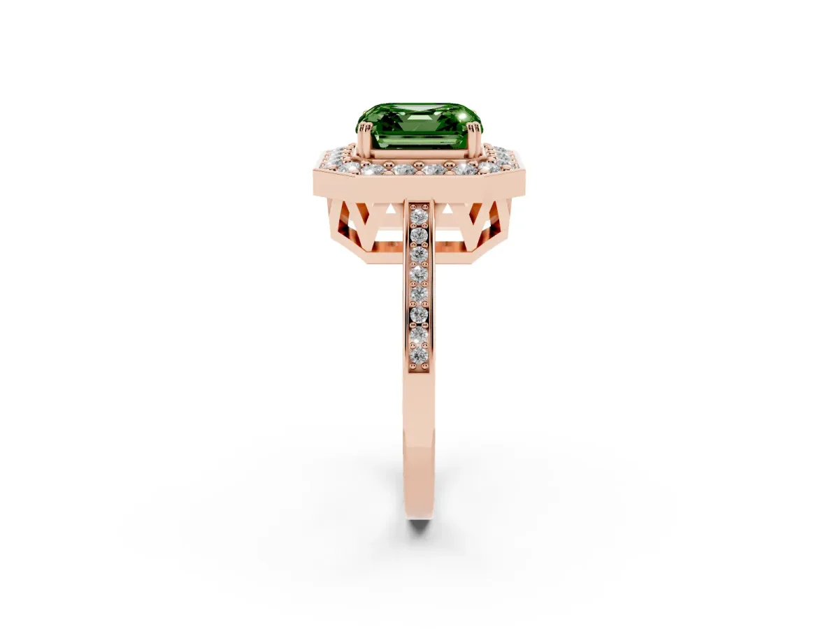 Fancy Green Asscher Cut Diamond Halo Ring with Split Shank and Four-Prong Setting Rose gold