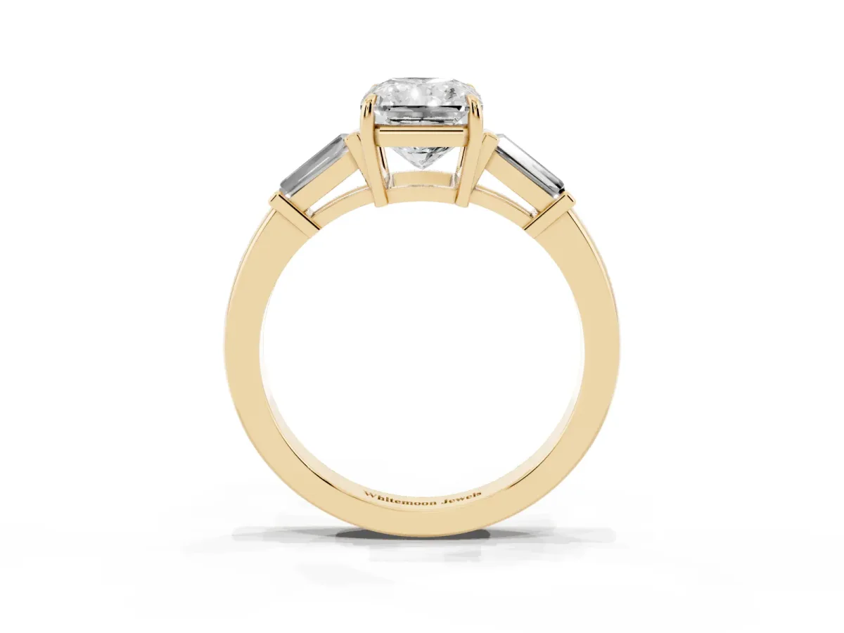 Radiant Cut Diamond Three-Stone Ring with Tapered Baguette Side Stones and Prong Setting Yellow gold