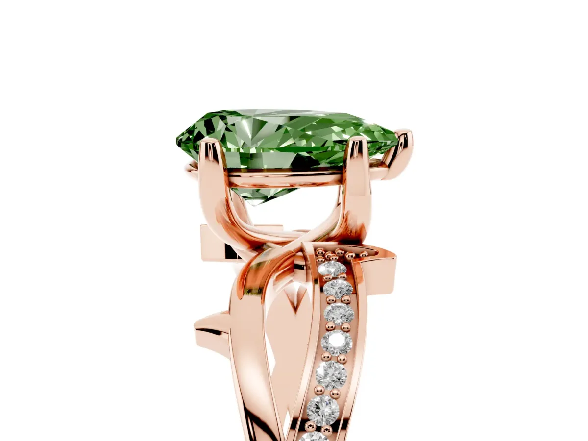 Fancy Green Pear Cut Solitaire Twist Band with Pavé Accents and Four-Prong Setting Rose gold