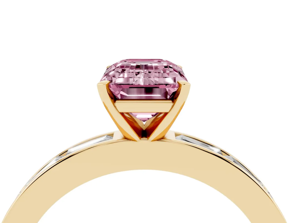 Fancy Pink Emerald Cut Solitaire Diamond Ring with Channel-Set Baguette Band and Four-Prong Setting Yellow gold