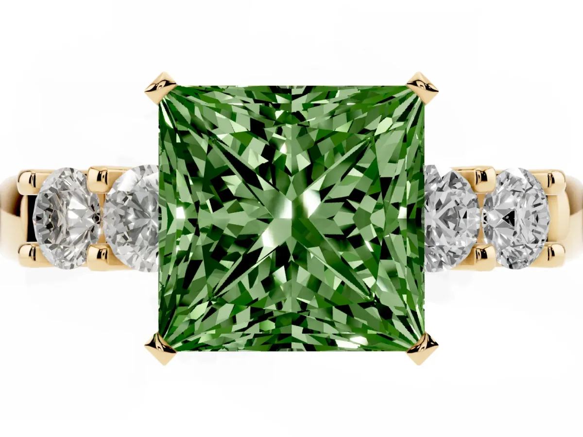 Fancy Green Princess Cut Brilliant Cut Diamond Five-Stone Prong Set Engagement Ring with Channel Band Yellow gold