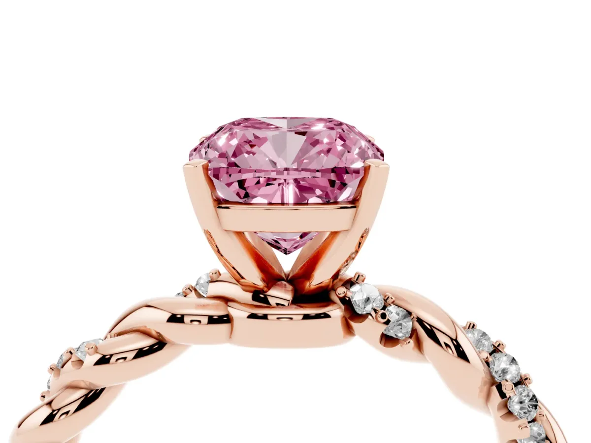 Fancy Pink Cushion Cut Diamond Solitaire Ring with Twisted Band and Pavé Accents Rose gold